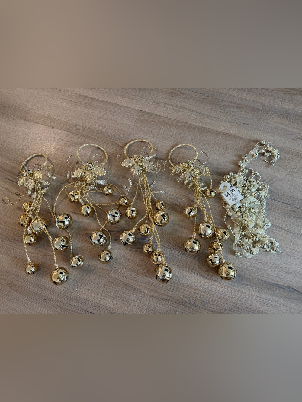 Gold Jingle Bell Christmas Door Hangers & Beaded Garland Holiday Decor Lot